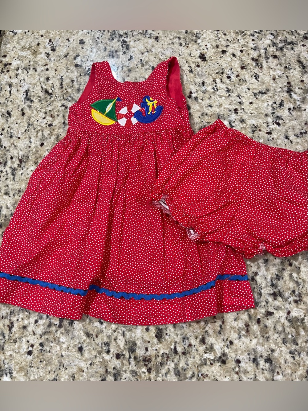 Red Polka Dot Girls Vintage Matching Set with Nautical Appliqué